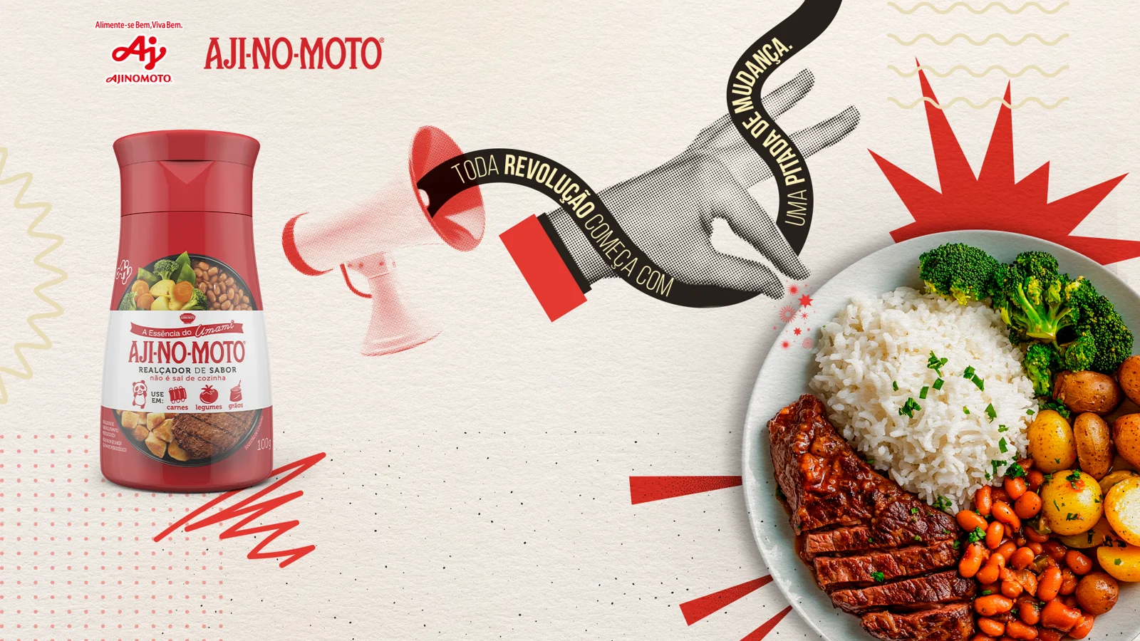 Key visual da campanha: frasco de Aji-no-moto, megafone e mão em halftone soltando uma pitada sobre um prato de arroz, feijão e carne, com a chamada Toda revolução começa com uma pitada de mudança