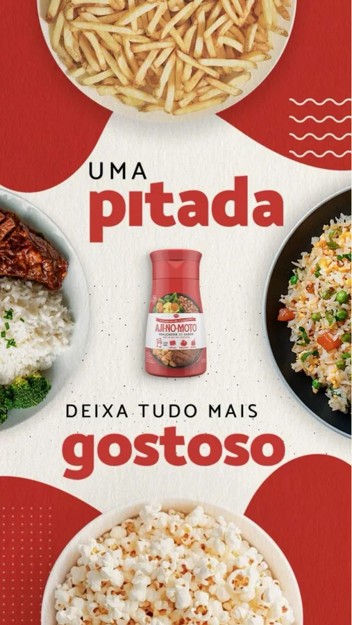 Story: uma pitada deixa tudo mais gostoso, com pratos vistos de cima e o frasco de Aji-no-moto