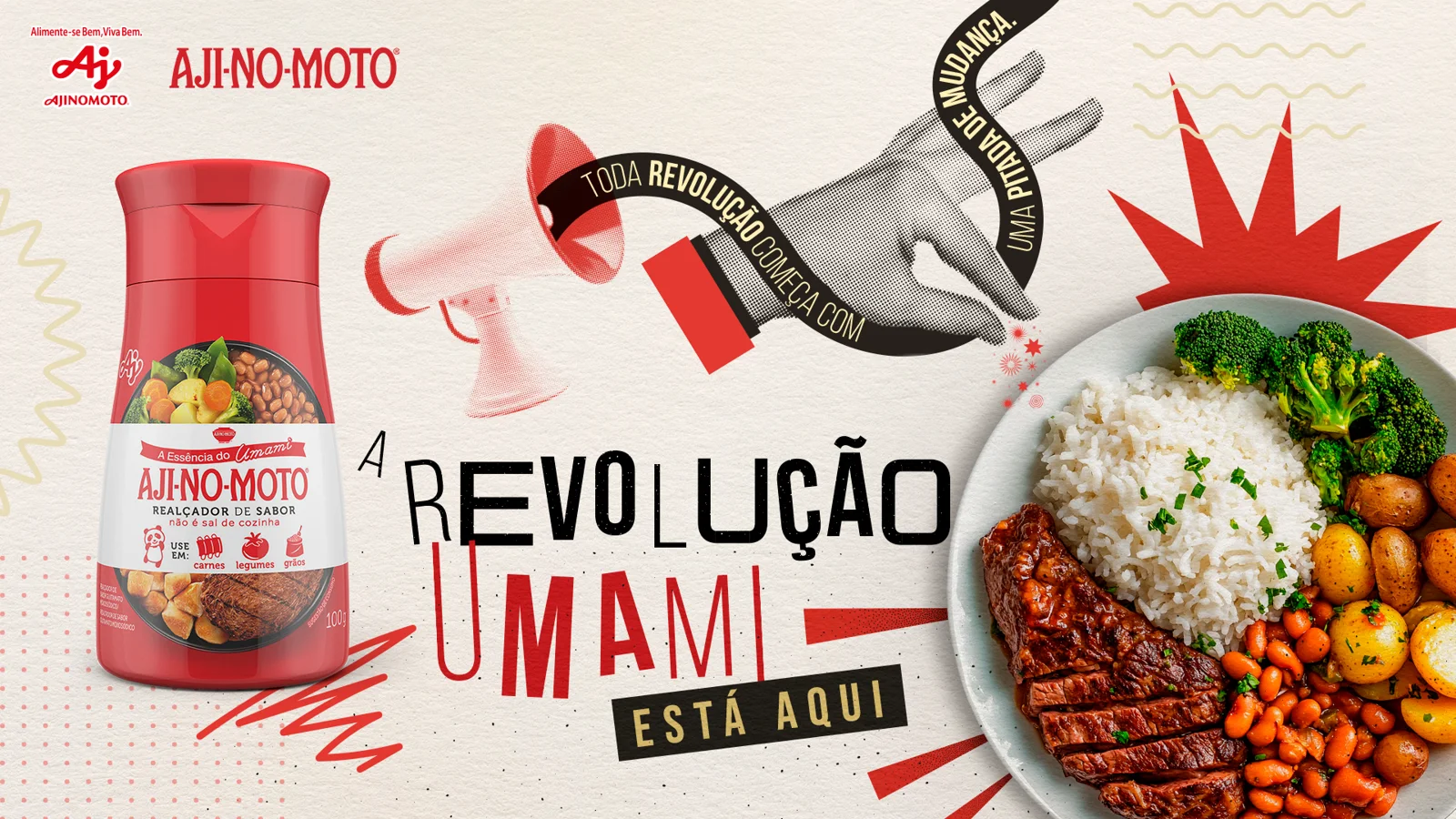 Key visual: A revolução Umami está aqui, mão com megafone e prato de arroz, feijão e carne