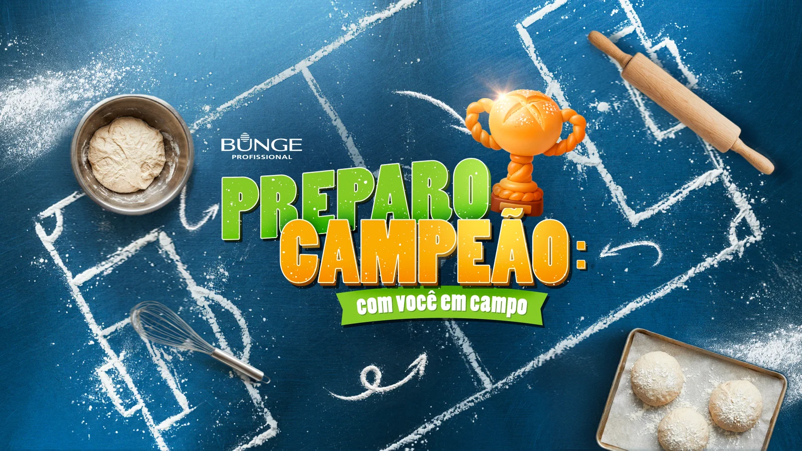 KV Preparo Campeão, com você em campo: quadro de tática de futebol feito com farinha, com massa, rolo, batedor e troféu em formato de pão