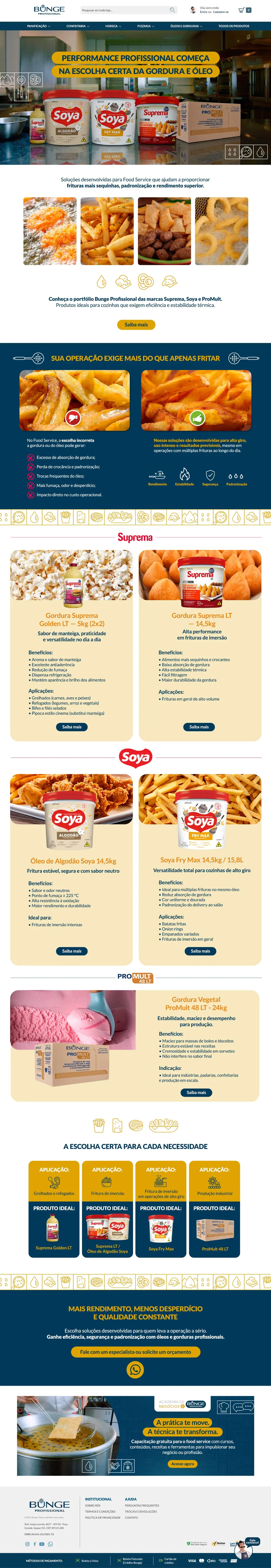 Landing page de óleos e gorduras profissionais Suprema, Soya e ProMult