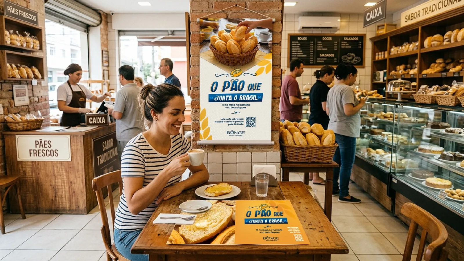 Padaria com cartaz da campanha O pão que junta o Brasil e uma cliente tomando café com pão na chapa