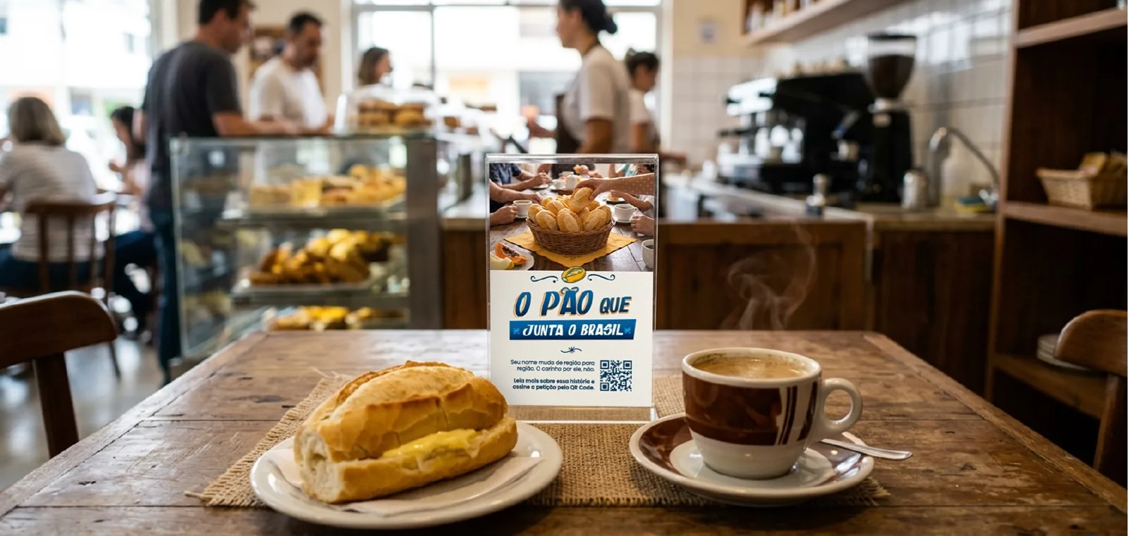 Display de mesa da campanha em uma padaria, ao lado de um pão na chapa e um café