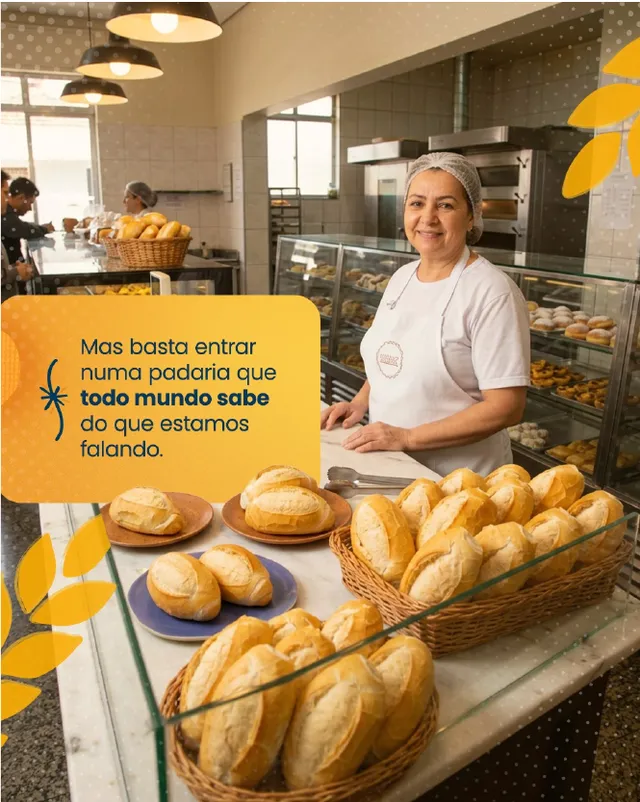 Post: padeira sorrindo atrás do balcão de uma padaria