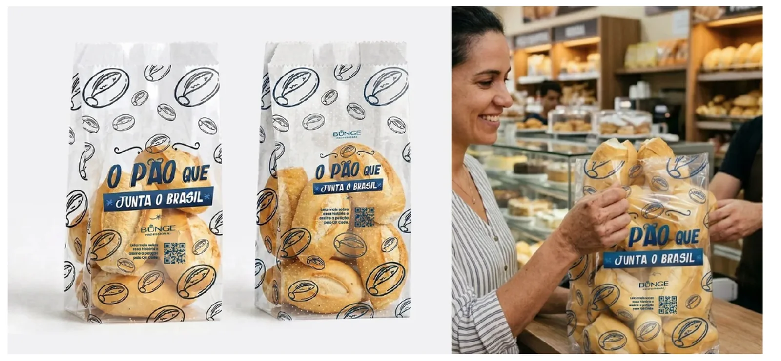 Sacos de padaria transparentes com a campanha, e uma cliente segurando o saco com pães