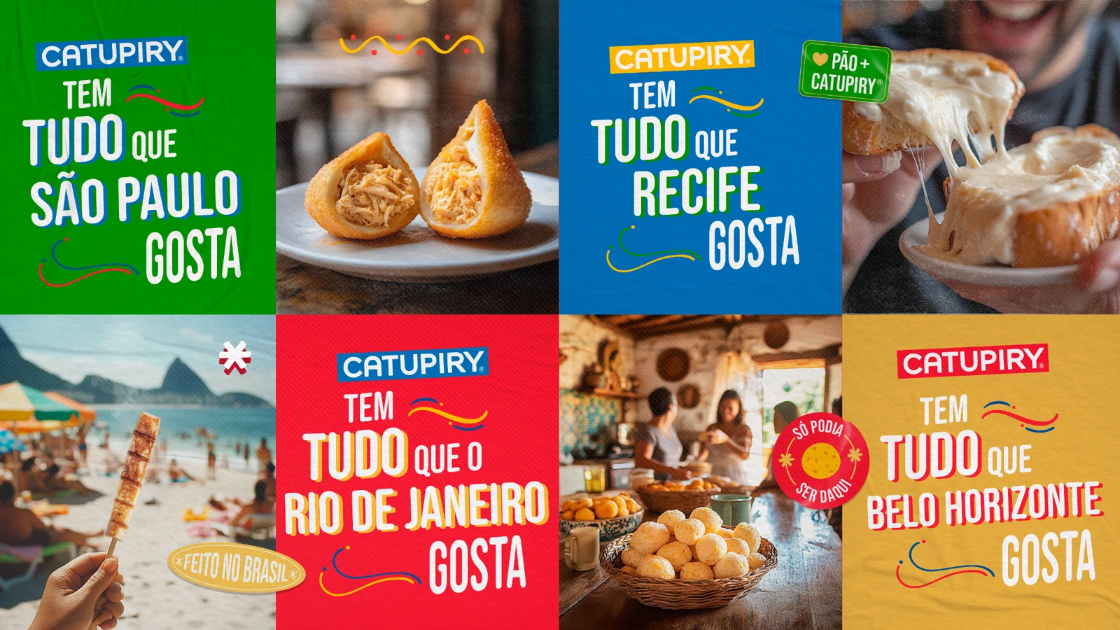 Posts de feed regionais da campanha: São Paulo, Recife, Rio de Janeiro e Belo Horizonte, com fotos de salgados e pão de queijo