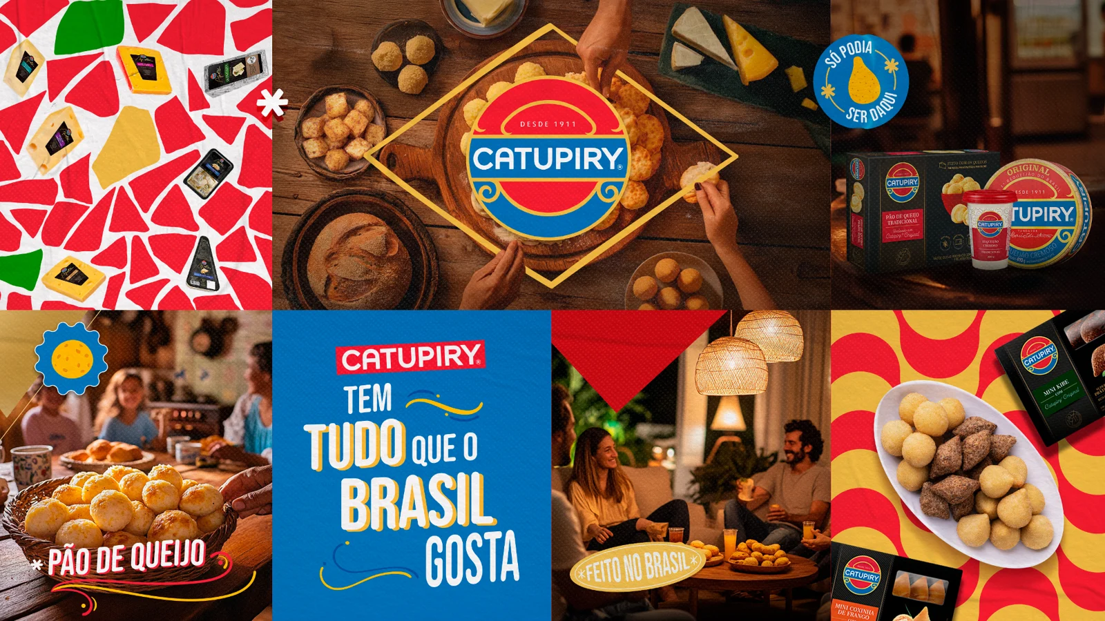 Posts de feed da campanha com o KV, produtos Catupiry e cenas de mesa brasileira, com selos Só podia ser daqui e Feito no Brasil