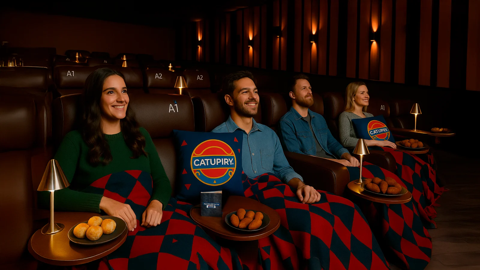 Ativação em cinema: poltronas com almofadas e mantas Catupiry e petiscos em cada mesinha