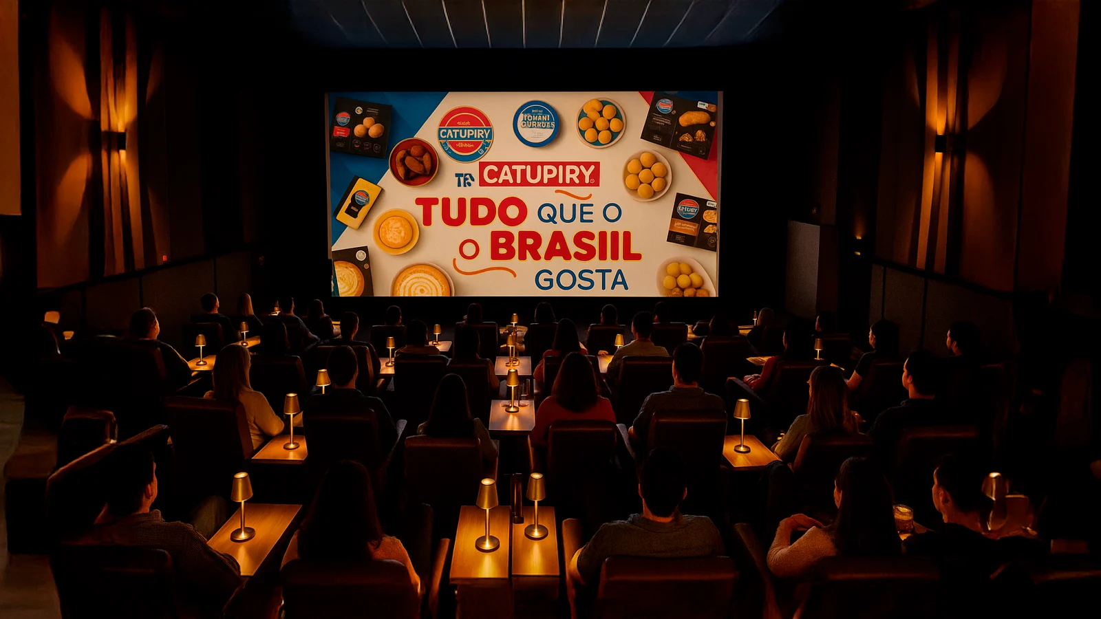 Ativação em cinema: sala escura com o KV Tem tudo que o Brasil gosta na tela