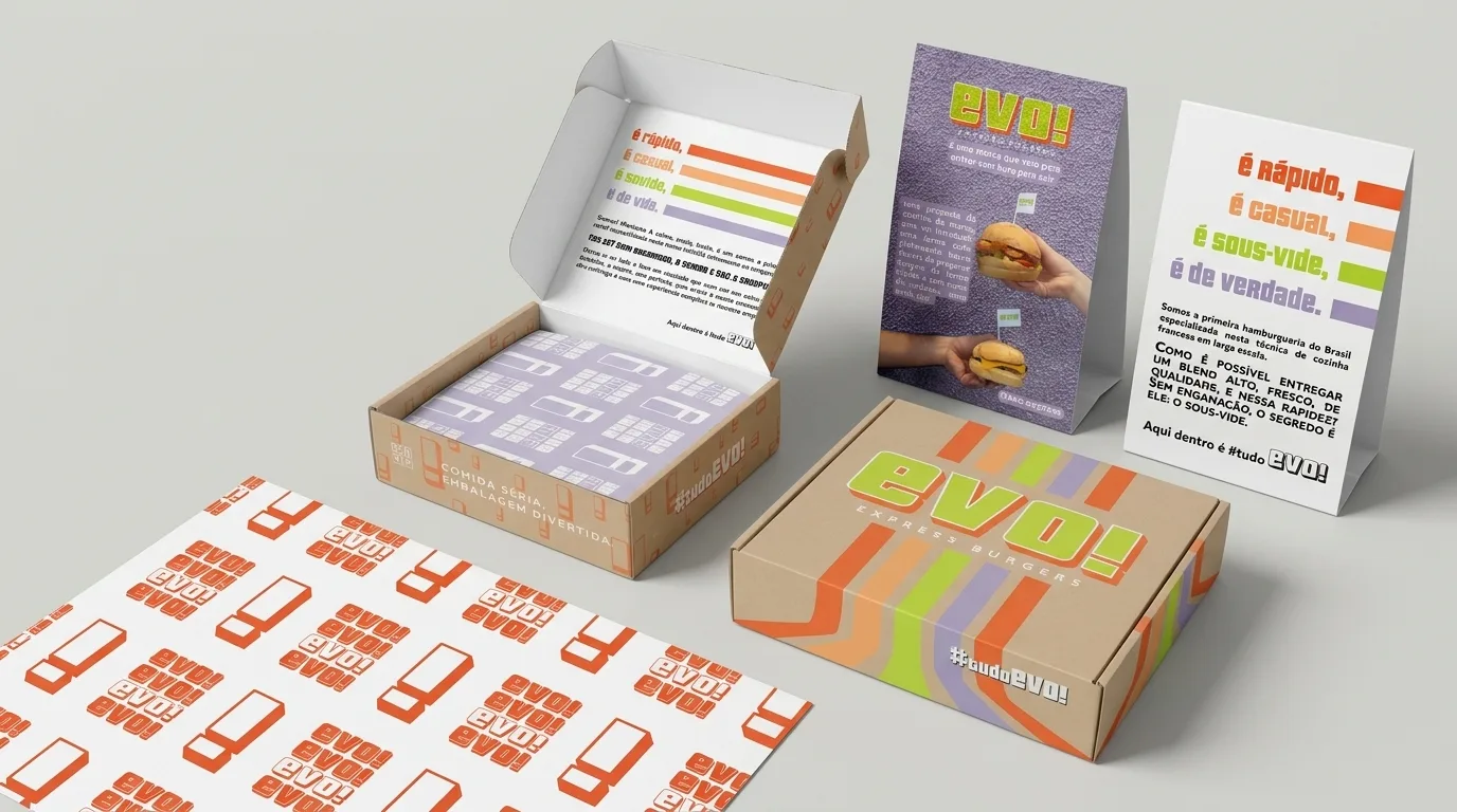 Materiais impressos da EVO: caixa de embalagem aberta e fechada, display de mesa, cartaz e papel americano com a marca