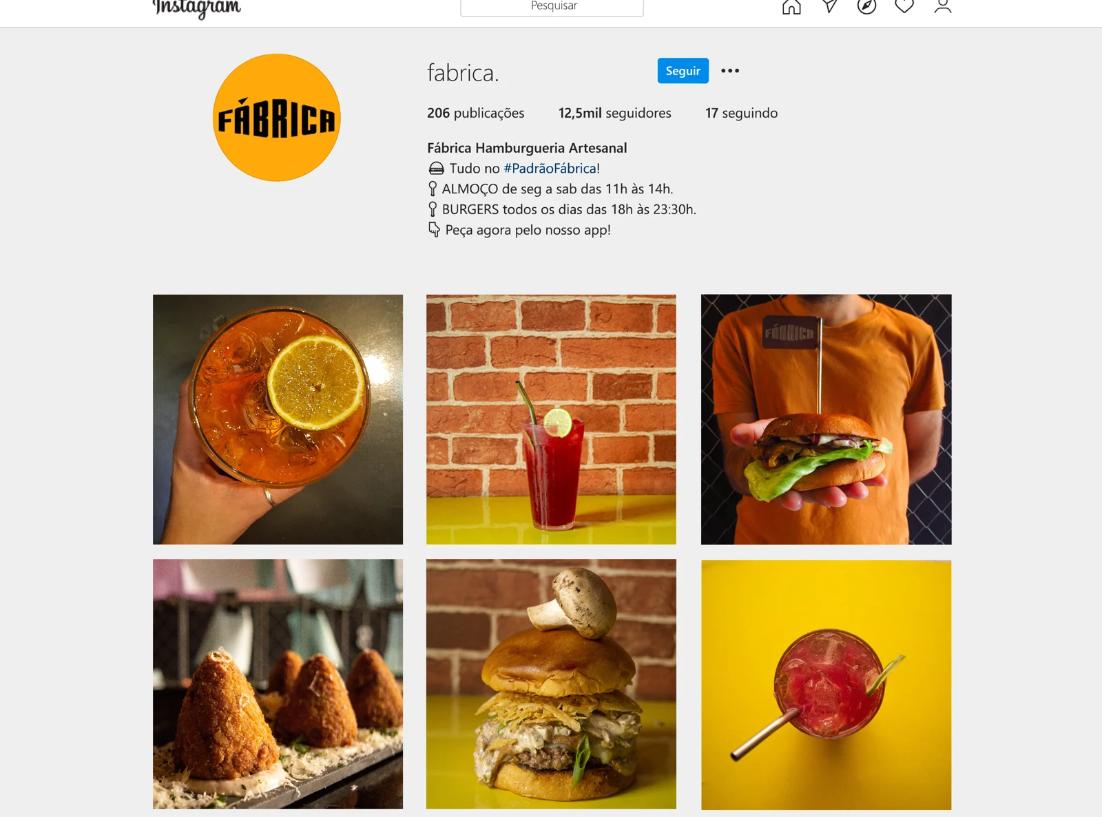 Perfil da Fábrica no Instagram, com 12,5 mil seguidores e a grade de fotos de drinks, hambúrgueres e coxinhas