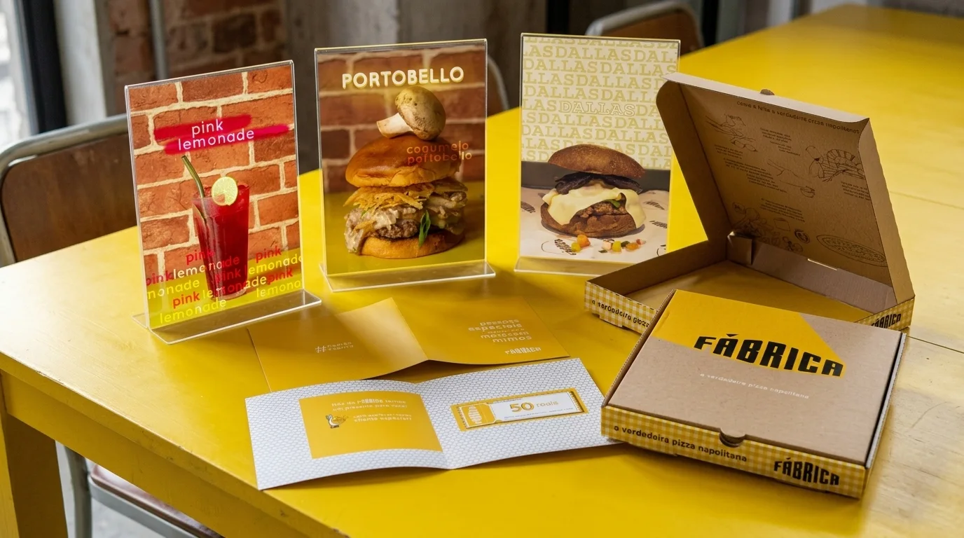 Materiais impressos da Fábrica sobre uma mesa amarela: displays de mesa dos drinks e hambúrgueres, convite com cupom de desconto e caixa de pizza