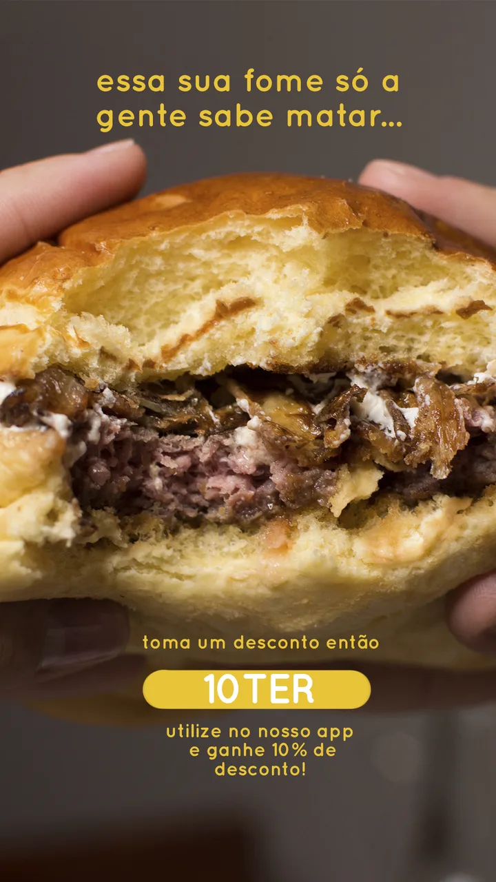 Story com cupom 10TER para ganhar 10% de desconto no app, sobre um hambúrguer mordido