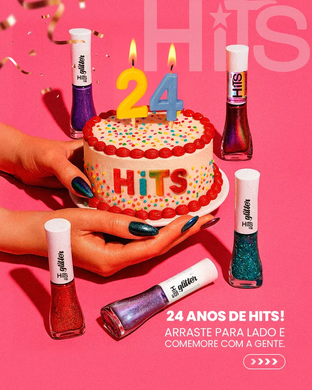 Post: 24 anos de Hits, bolo de aniversário cercado de esmaltes