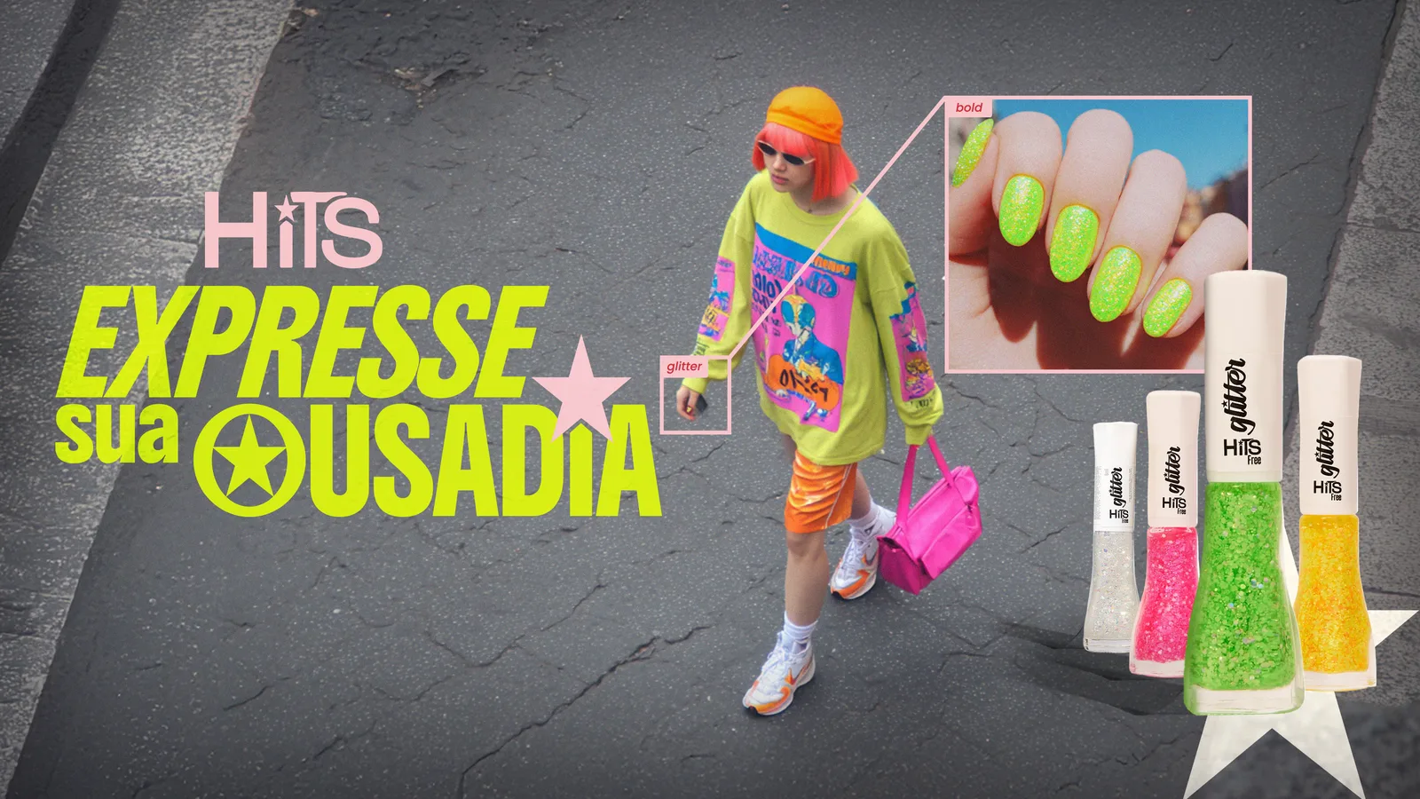 Variação do key visual Hits Glitter, em verde e rosa neon