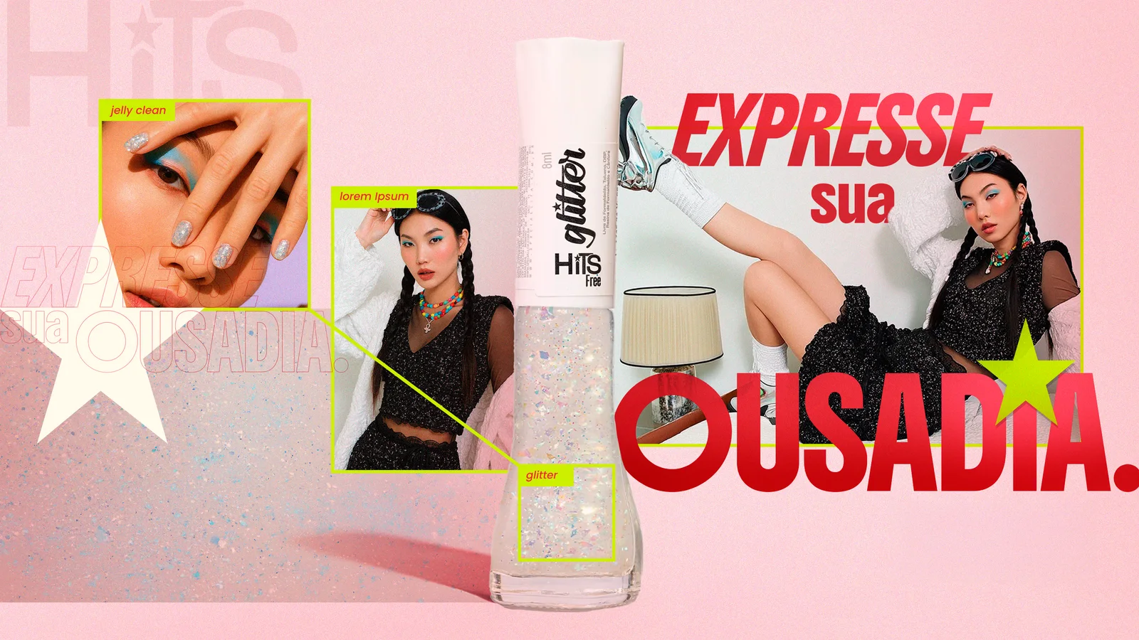 Key visual Expresse sua ousadia: modelo de tranças com esmalte glitter transparente Hits