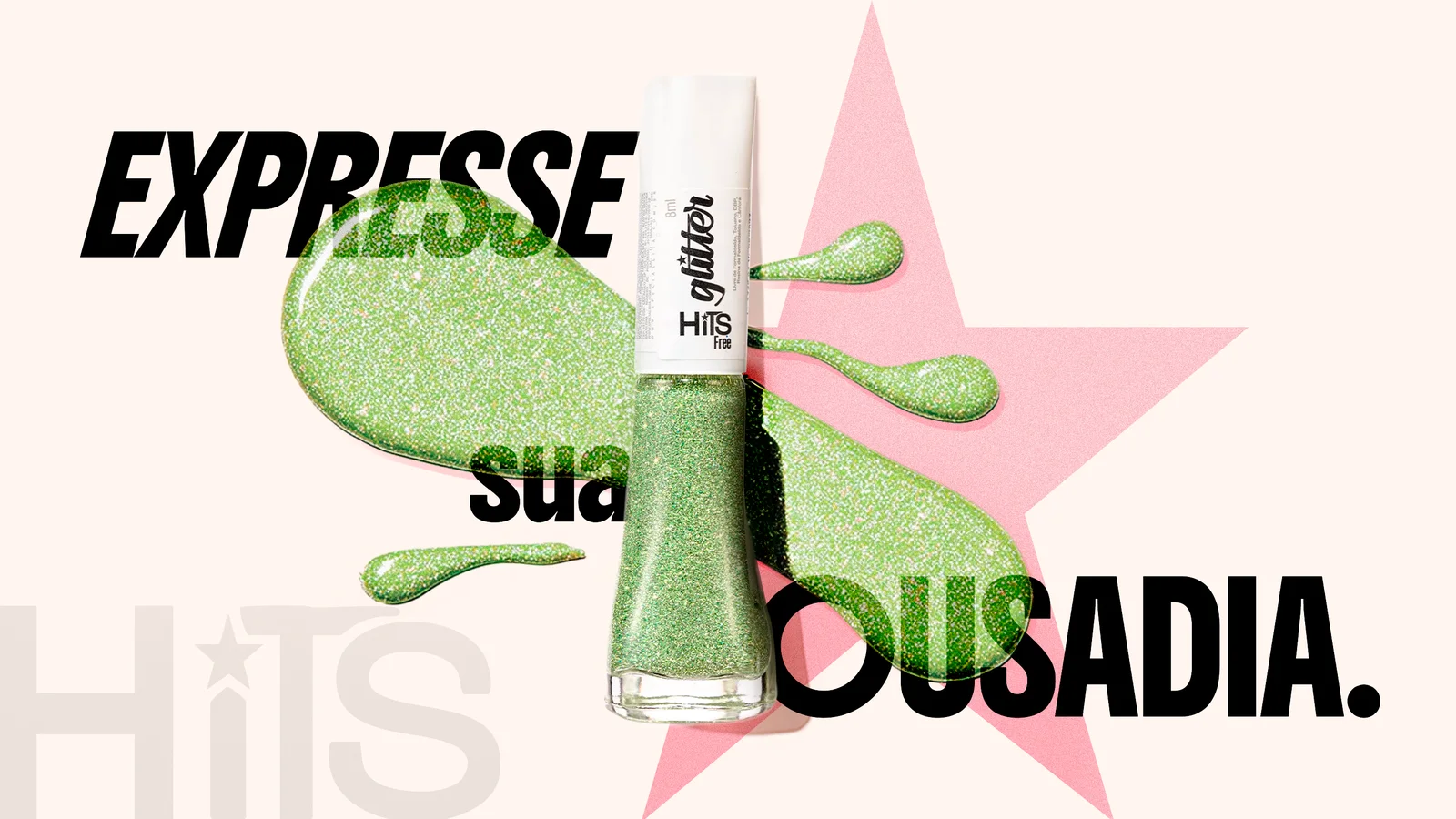 Key visual Expresse sua ousadia: esmalte glitter verde sobre fundo claro com estrela rosa