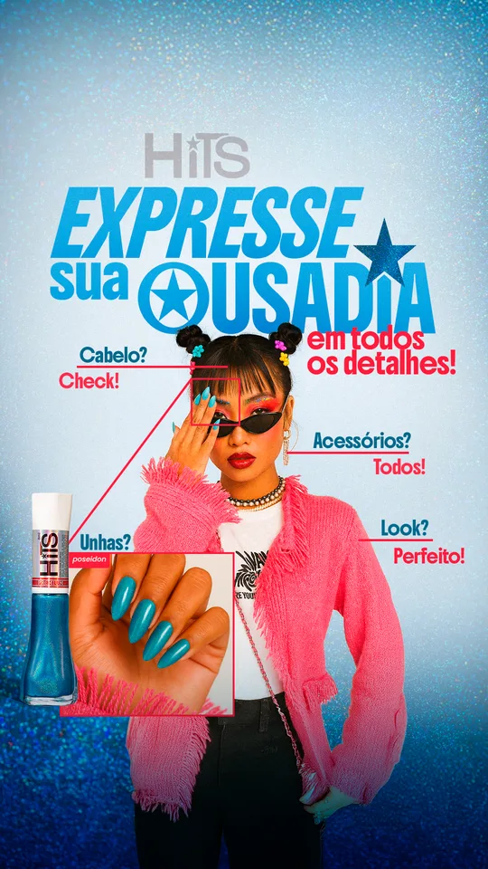 Story: Expresse sua ousadia em todos os detalhes, com modelo de óculos e unhas azuis