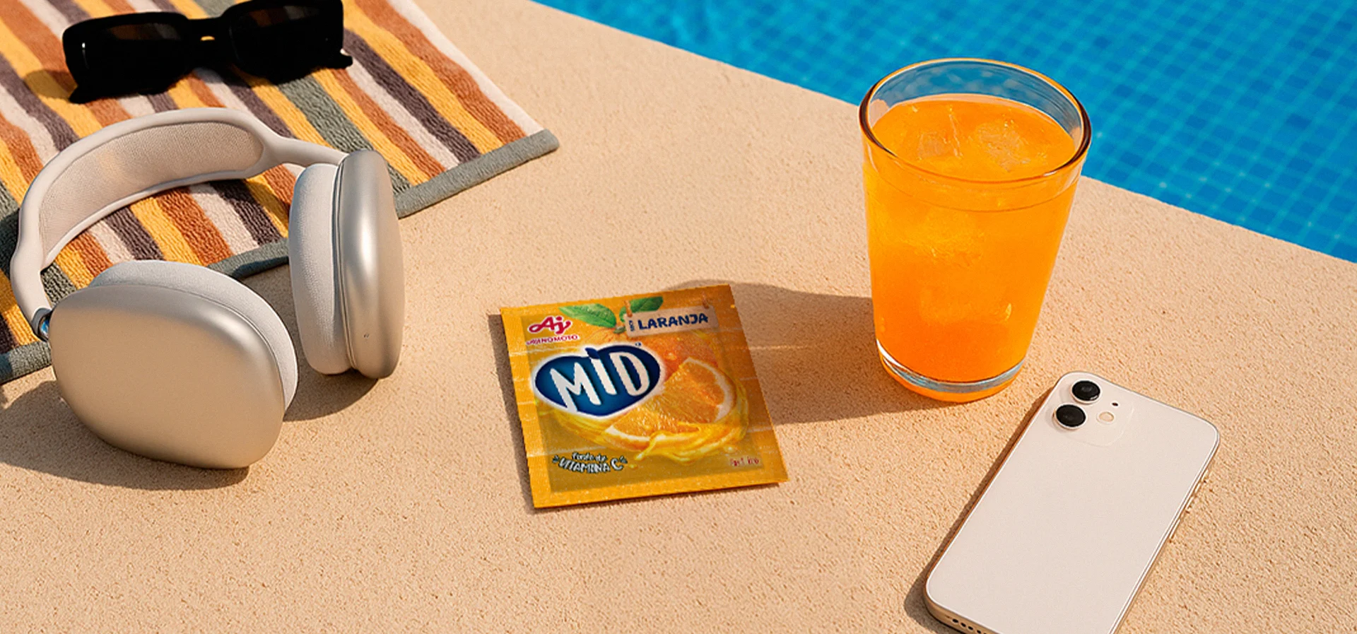 Sachê de MID sabor laranja ao lado de um copo de suco, fones de ouvido e celular na borda de uma piscina
