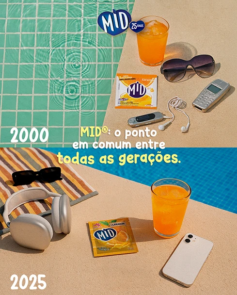 Post: 2000 e 2025, o ponto em comum entre todas as gerações, com sachê MID entre objetos de piscina de duas épocas