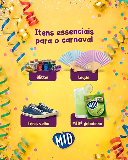 Post: itens essenciais para o carnaval, glitter, leque, tênis velho e MID geladinho