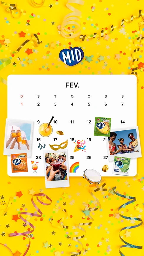 Story: calendário de fevereiro com polaroides e itens de carnaval