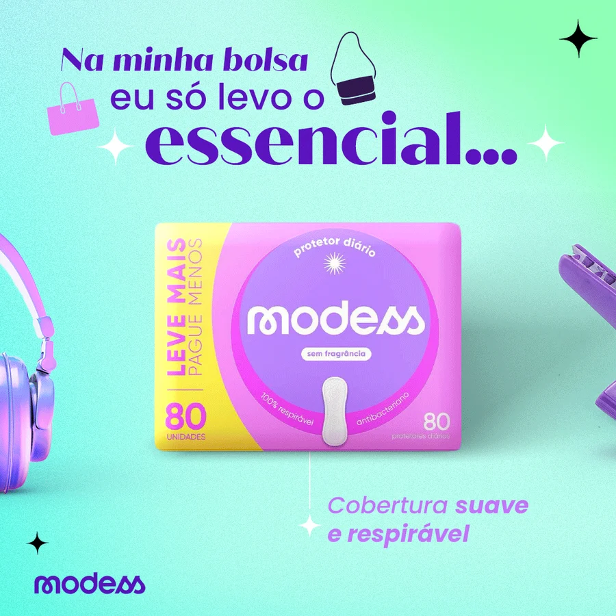 Post: na minha bolsa eu só levo o essencial, protetor diário Modess com cobertura suave e respirável