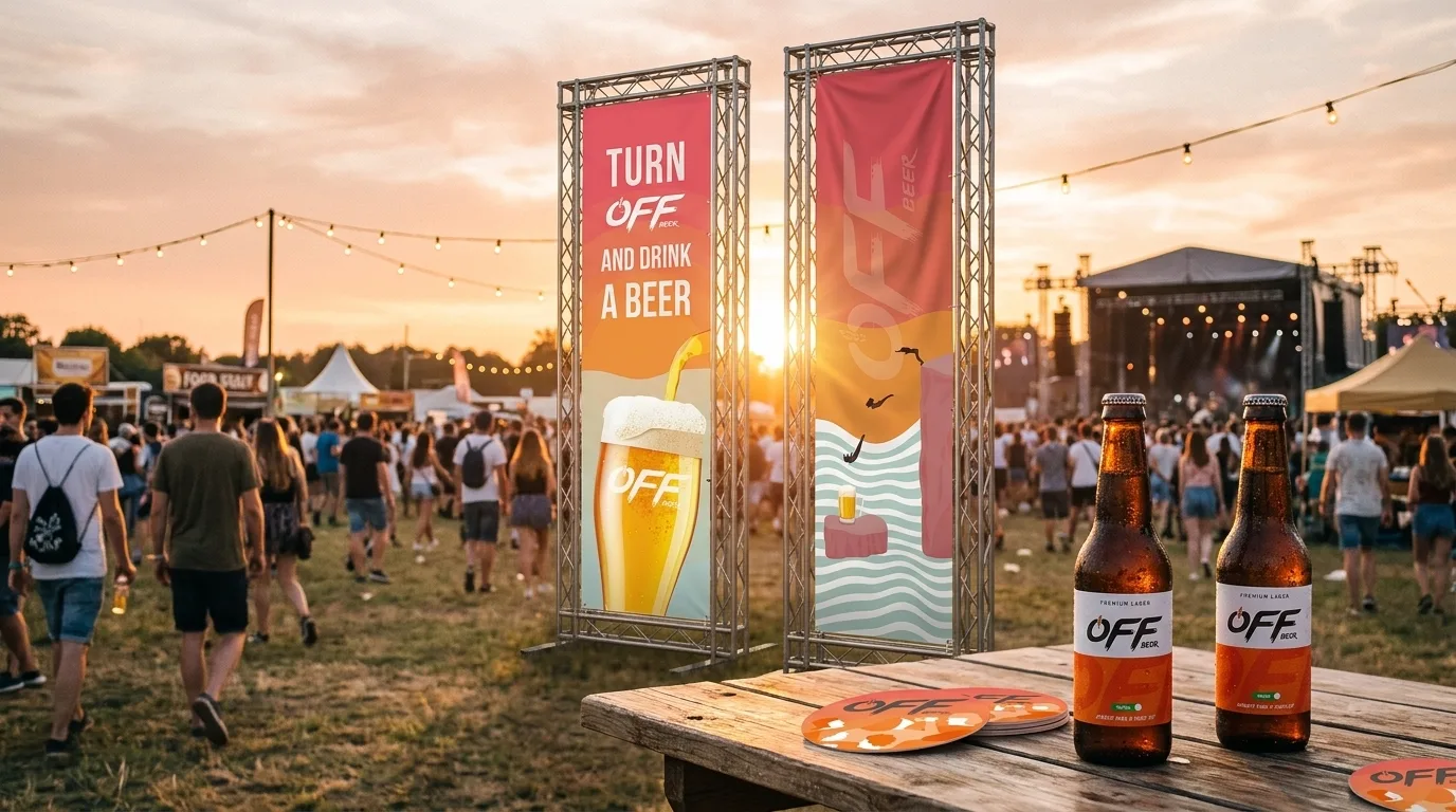 Banners da Off Beer ("Turn Off and drink a beer") e garrafas sobre uma mesa de madeira num festival ao pôr do sol