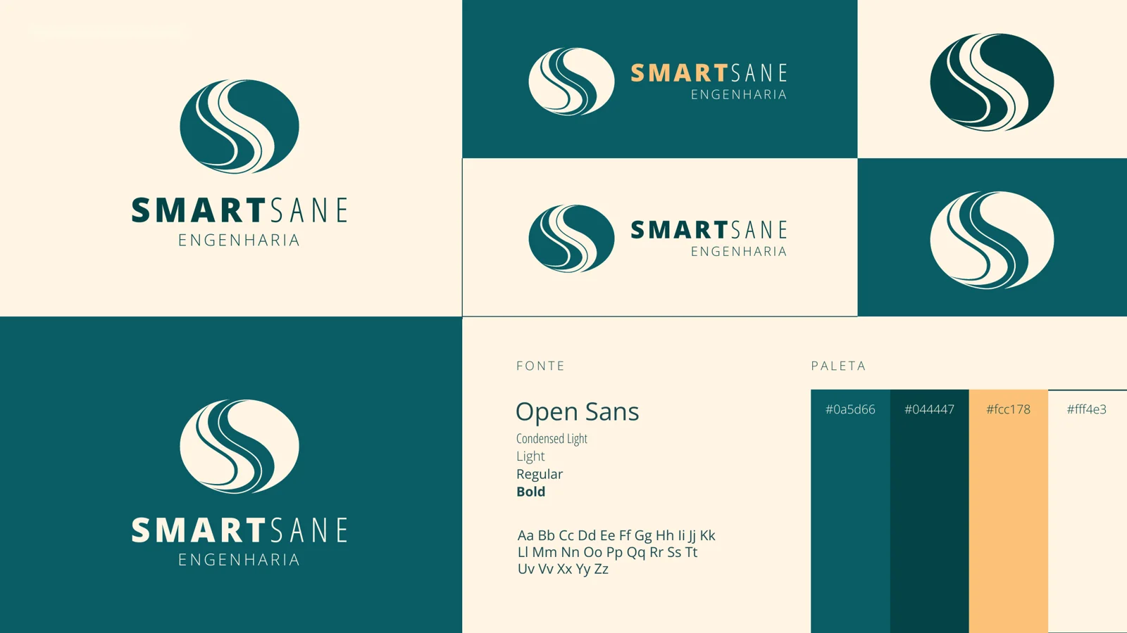 Aplicações do logotipo SmartSane em fundos creme e azul-petróleo, com a fonte Open Sans e a paleta de cores