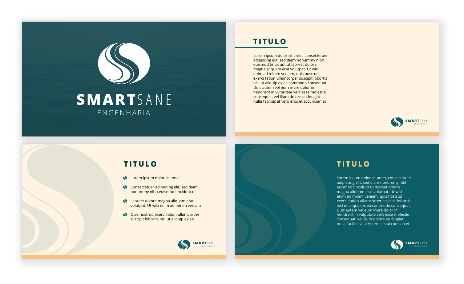 Quatro modelos de slides SmartSane: capa em azul-petróleo e três páginas internas em creme e verde