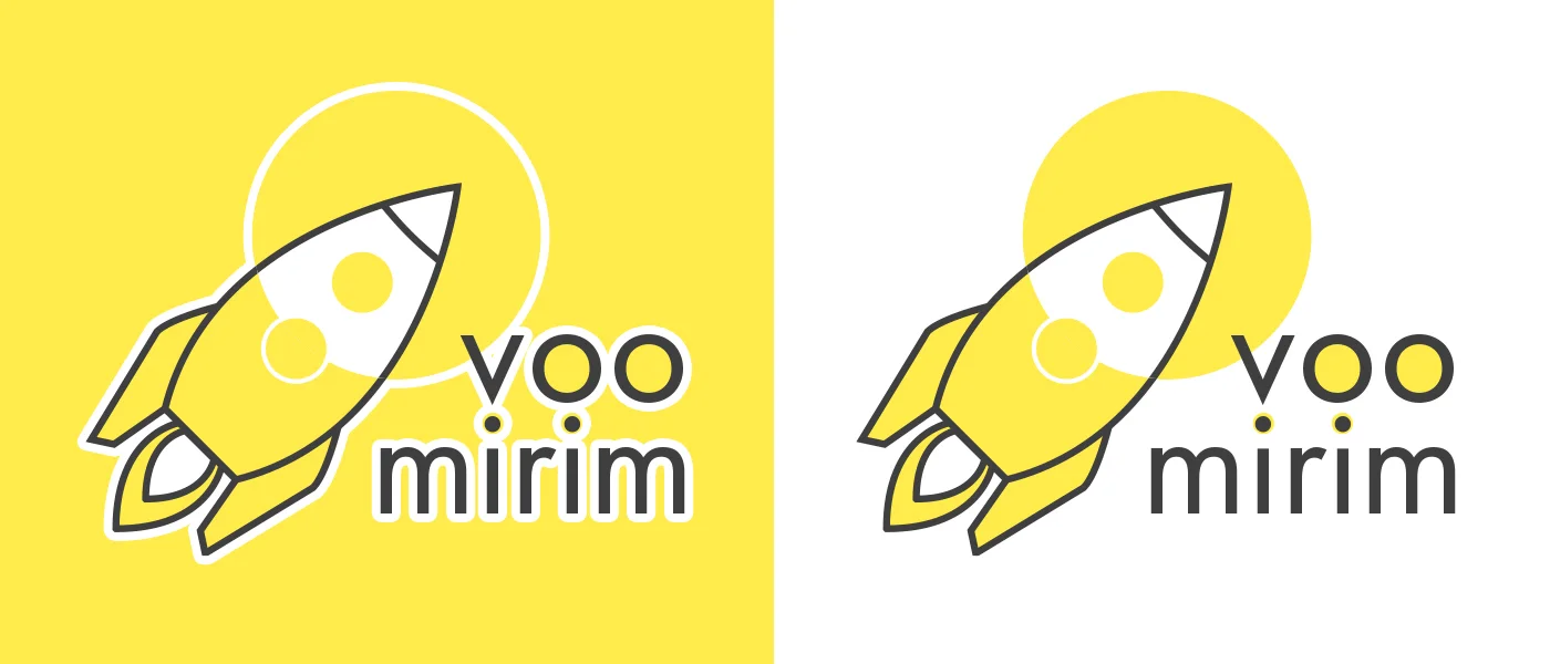 Logotipo Voo Mirim em duas versões, sobre fundo amarelo e sobre fundo branco: um foguete de traço fino diante de um círculo amarelo